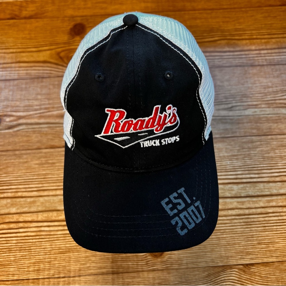 ROADY’S TRUCK STOPS Black White Mesh Back Adjustable Strap Back Trucker Hat Cap